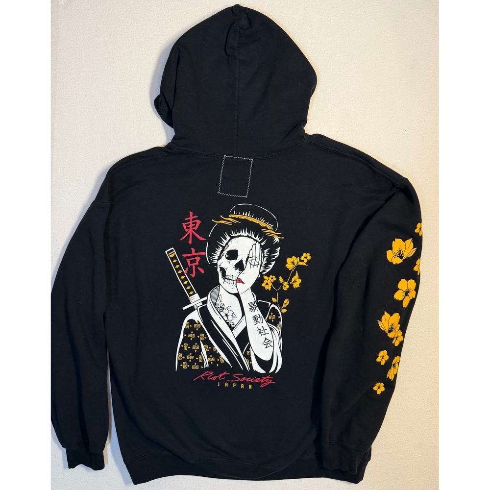 Riot Society Japan Geisha Skull Black Hoodie Mens Large Graphic Streetwear